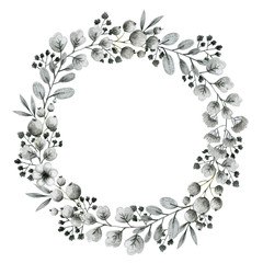 green and gray leaves branches and flowers, round frame template for design