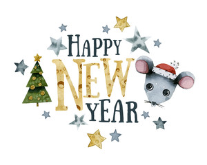 new year 2020, symbol of the year mouse, congratulations card, watercolor
