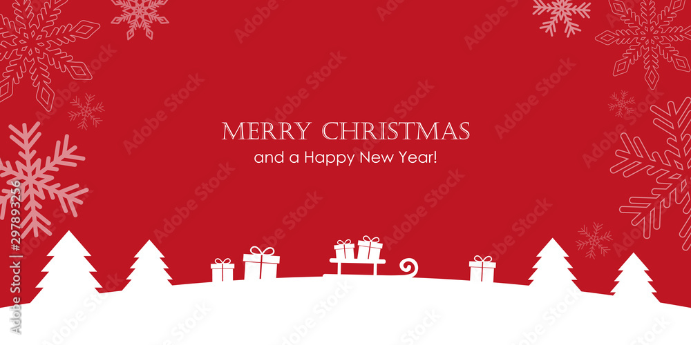 Wall mural red christmas greeting card with firs gifts and snowfall vector illustration eps10