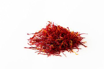 Dried saffron spice isolate on white background. Aroma spice.