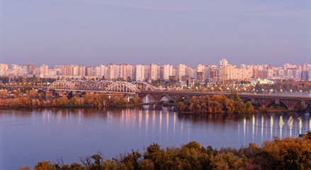 Beautiful view of Dripro river, Darnyckyi brindge and left bank of Kyiv