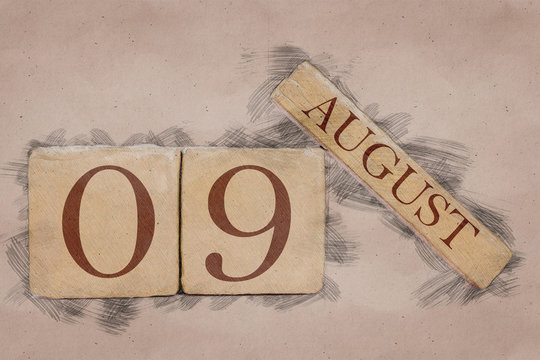 august 9th. Day 9 of month, calendar in handmade sketch style. pastel tone. summer month, day of the year concept.