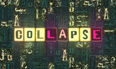 The word Collapse with neon luminous glowing, unique typeset letters abstract mosaic pattern background, lettering symbols collection for universe poster