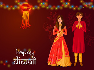 vector illustration of Indian family people celebrating Happy Diwali festival holiday of India
