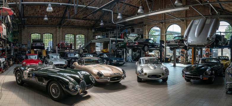 Panoramic view of the workshop for the repair and maintenance of English classic retro cars on May 01, 2019 in Berlin, Germany.