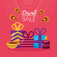 diwali sale card with gifts celebration icon
