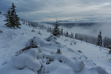 Obraz premium Magic winter fogs in Ukrainian Carpathians overlooking the snow-capped mountain peaks from the picturesque mountain valley with tourists in tents.