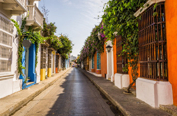 narrow street in old town of cartagena colombia - obrazy, fototapety, plakaty