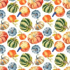 Seamless pattern with bright watercolor pumpkins. Hand drawn illustration