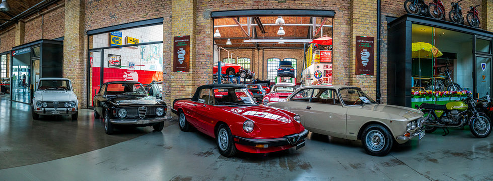 Panoramic View Of The Garage Of Classic Remise Berlin, And Repair And Service Offices On May 01, 2019 In Berlin, Germany. Alfa Romeo Cars Stand In A Row.