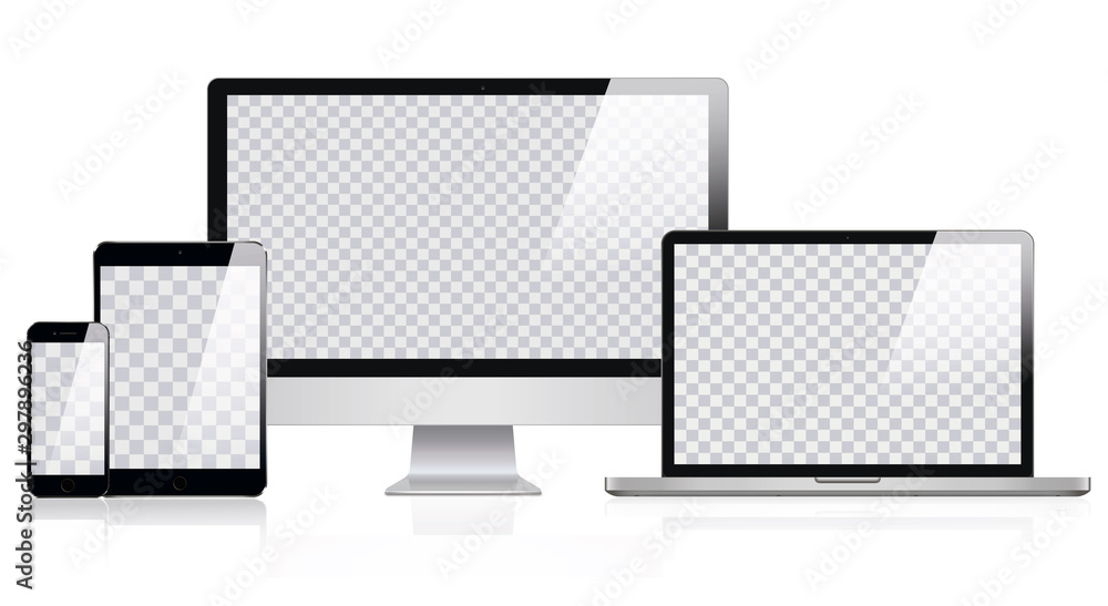 Poster mockup of realistic computer, laptop, tablet and smartphone with transparent wallpaper screen isolat