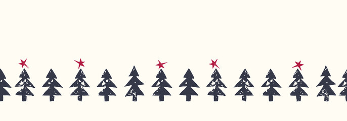 Cotton fabric Christmas Rustic Festive Hand-Stamped Fir Trees and Stars Vector Seamless HorizontalBorder Pattern