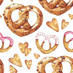 Printed kitchen splashbacks Watercolor set 1 Pretzels hearts. St. Valentine day. Seamless pattern. Love. Food. Perfect for greetings, invitations, manufacture wrapping paper, textile and web design. Watercolor seamless pattern. 