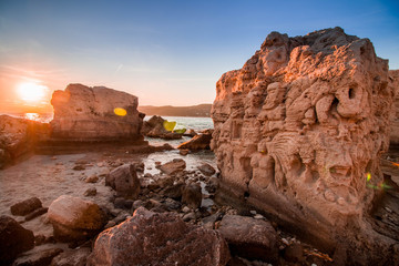 "Tótem", big rock in Ibiza island. Sunset. Incredible colours.