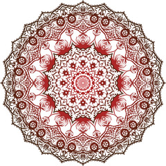 Round mandala painted with red and brown  a gradient. Oriental boho pattern. Template for tattoo, henna drawing, coloring.
