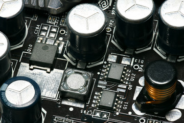 printed circuit board and microchip, or cpu closeup - electronic component for digital equipment,...