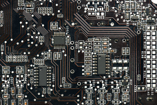 printed circuit board and microchip, or cpu closeup - electronic component for digital equipment, concept for development of electric computer circuits