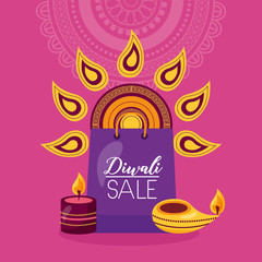 diwali sale card with shopping bag and candles