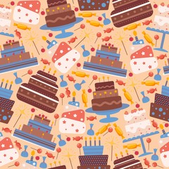 Cakes seamless pattern, vector illustration. Icons of birthday and wedding cake in flat style, sweet chocolate dessert. Wrapping paper design for festive pastry packaging