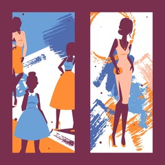 Fashion banner vector illustration. Silhouettes of beautiful models on abstract brush strokes background, young woman wearing stylish dress. Fashion boutique label