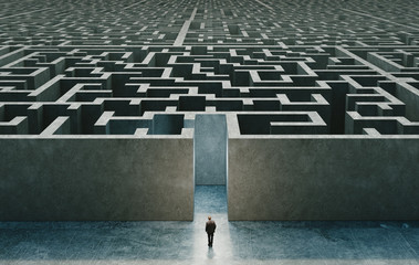 Businessman standing in front of the entrance to the maze. 3d rendering - obrazy, fototapety, plakaty