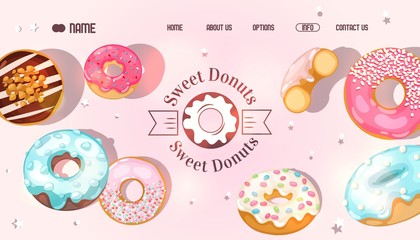 Donut website, vector illustration. Bakery landing page design, selection of sweet doughnuts. Patisserie home page template, local cafe with homemade donuts and desserts