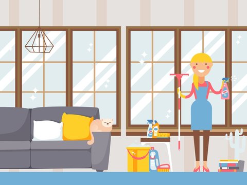 Housewife Cleaning Apartment, Vector Illustration. Smiling Woman In Apron With Mop In Sparkling Clean Living Room With Large Windows. Cleanup Tools And Washing Detergents