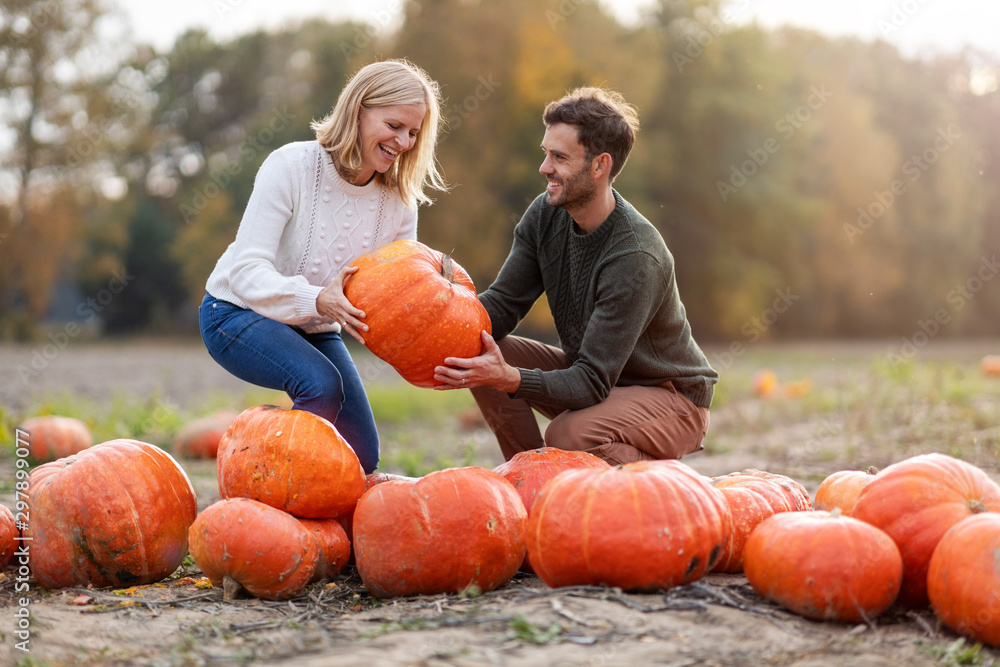 Wall mural Happy young couple in pumpkin patch field