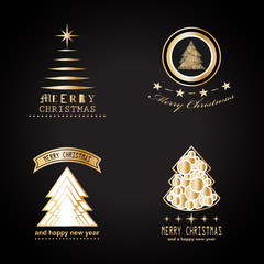 Abstract Christmas Tree Icons. Gold Christmas Tree Set - Isolated On Black Background - Vector.Collection Of Xmas Tree Icons. Abstract Art. Golden Christmas Trees Modern Silhouette,Vector Illustration