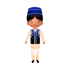 Arab boy in traditional ethnic clothes with a blue hat. Vector illustration in flat cartoon style