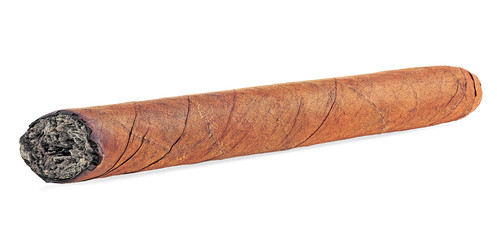 Brown cigar burned on a white background. Smoky cuban cigar.