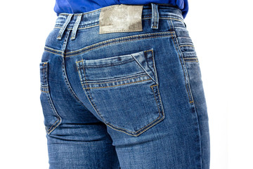 texture, blue men's jeans, men's ass covered with jeans close-up, back pocket jeans