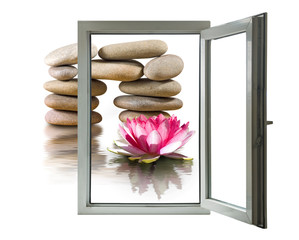 lotus flower and stones in an open window
