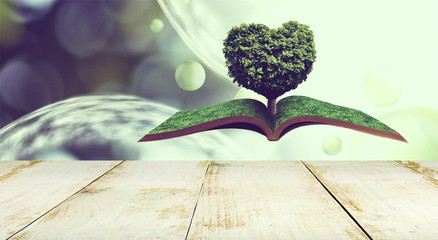 stylized image of a heart-shaped tree on an open book on an abstract background