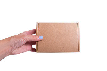 Brown craft cardboard box in woman hand, isolates