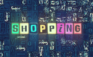 The word Shopping as neon glowing unique typeset symbols, luminous letters shopping