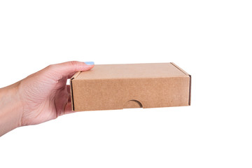 Brown craft cardboard box in woman hand, isolates