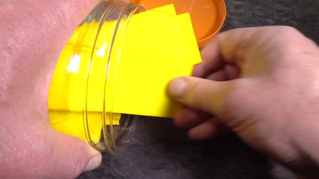 Normal speed, slow motion, then back to normal speed to finish: Close POV shot of a man&rsquo;s hands placing bright yellow, rawhide dog dental chews into a plastic storage container, then screwing on lid.