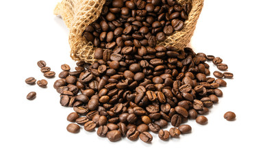 Brown Coffee Beans in Burlap Bag Isolated on White Background