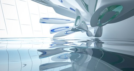 Abstract smooth architectural white interior with color gradient glass sculpture with water and  large windows. 3D illustration and rendering.