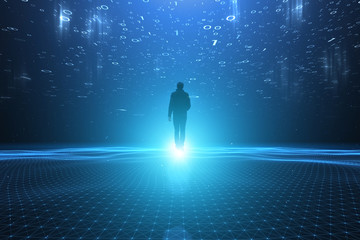 Man walks in artificial intelligence computer network cyberspace.	