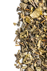 Dried green tea leaves.