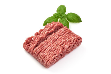 Raw minced beef meat, isolated on white background