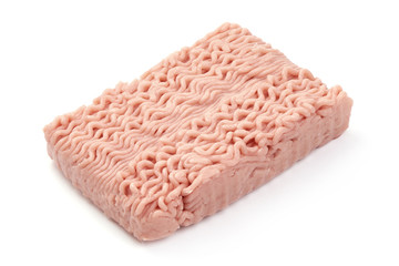 Raw minced chicken meat, isolated on white background
