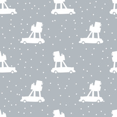 Fototapeta na wymiar Car silhouette with christmas gifts under the snowfall. Vector minimalistic seamless pattern in simple scandinavian style. Ideal for printing on baby textiles, wrapping paper, packaging, etc.