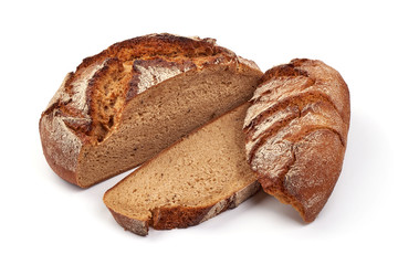 Round freshly baked rustic rye bread, isolated on white background - obrazy, fototapety, plakaty