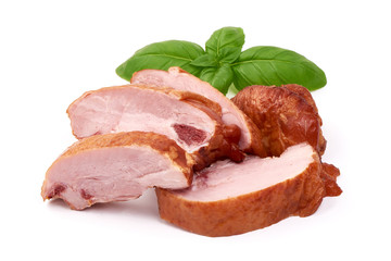 Sliced Smoked Chicken thighs, isolated on white background