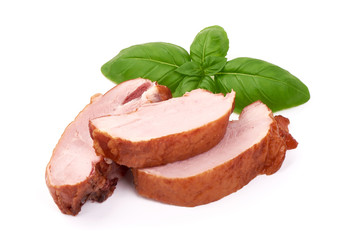 Sliced Smoked Chicken thighs, isolated on white background