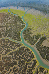 Aerial view on marshlands, Bahia de Cadiz Natural Park. Costa de la Luz, Cadiz province, Andalucia, Spain