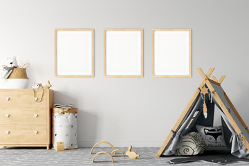 Frame & Poster mock up in living room. Scandinavian interior. 3d rendering, 3d illustration